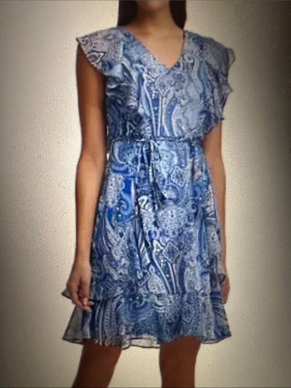 Tommy Hilfiger Blue Paisley V-Neck Ruffle Chiffon Mini Dress, size 16